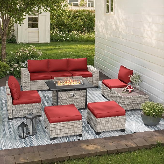 9-Piece Outdoor Patio Furniture Set with 55,000 BTU Fire Pit Table, PE Wicker Rattan Sectional Sofa Patio Conversation Set with Ottomans & Coffee Table, Red