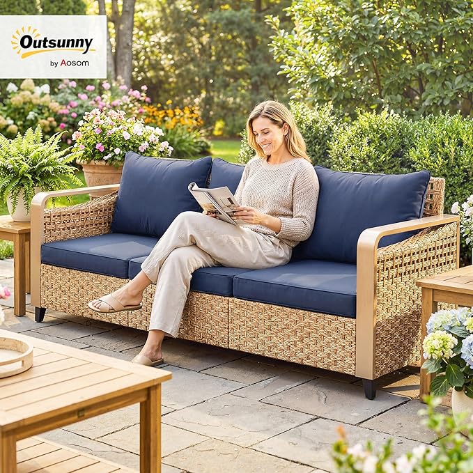 Outsunny Outdoor Patio Couch with Wide and Deep Seat, 3 Seater Wicker Outdoor Sofa with Wide Metal Armrests, Patio Furniture Couch with Cushions for Porch, Garden, Backyard, Dark Blue | Removable Covers