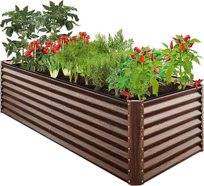 Best Choice Products 8x4x2ft Outdoor Metal Raised Garden Bed, Deep Root Planter Box for Vegetables, Herbs & Flowers, 478-Gallon Capacity, 100% Non Toxic Materials - Dark Brown Wood Grain