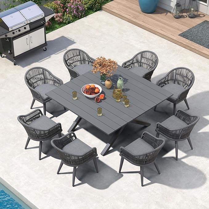 PURPLE LEAF 9 Pieces Patio Dining Set with Outdoor Aluminium Square Dining Table and Woven Rattan Chairs Modern Metal Furniture Cushions Sets for Garden Yard Indoor Decor Kitchen Grey