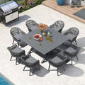 PURPLE LEAF 9 Pieces Patio Dining Set with Outdoor Aluminium Square Dining Table and Woven Rattan Chairs Modern Metal Furniture Cushions Sets for Garden Yard Indoor Decor Kitchen Grey