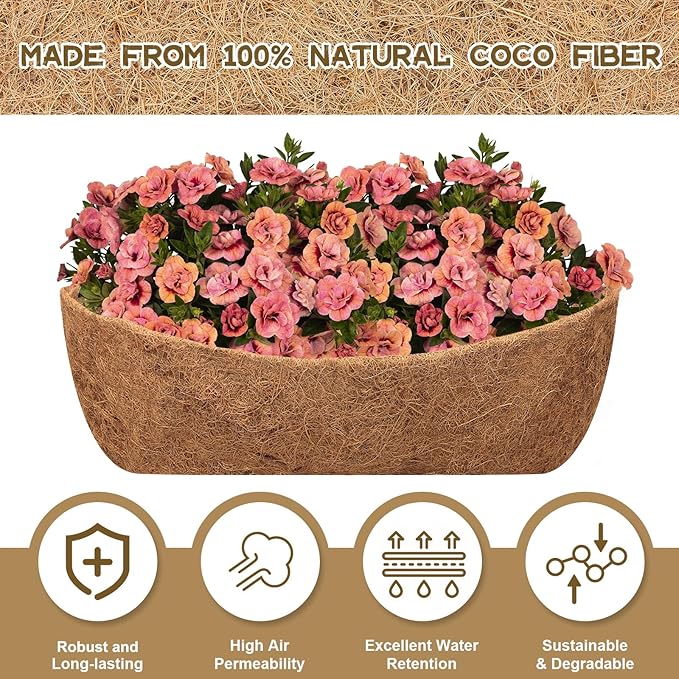 Riare 4 Pack 24 Inch Trough Coco Coir Liners for Planters, Pre-Formed Coconut Coir Replacement Liner Natural Coco Fiber Window Box Liners for Wall Planter, Window Basket Deck Railing Planter