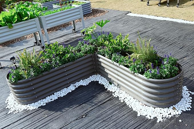 A ANLEOLIFE Set of 6, 18 Inch Tall Quartz Grey Raised Garden Beds Kit, Heart-Shaped & Long Oval Planters for Creative Garden Layouts.