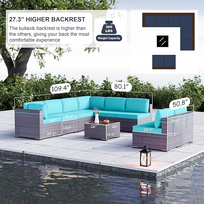 Kullavik 9 Pieces Outdoor Patio Furniture Set PE Wicker Rattan Sectional Sofa Patio Conversation Sets,Blue