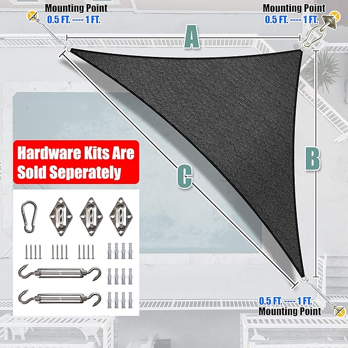 Amgo Custom Size 6' x 12' x 13.4' Black Right Triangle Sun Shade Sail Order to Make Canopy Awning UPF50+ AGSLT, 95% UV Blockage, Water & Air Permeable, 200GSM Commercial Standard (We Customize)