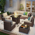 Outdoor Patio Furniture Set with 28'' Fire Pit Table, 8 Pcs Outdoor Patio Furniture Conversation Sets with 4in Thicken Cushion, Wicker Outdoor Sectional for Backyard, Garden, Balcony,Deck, Brown/Beige