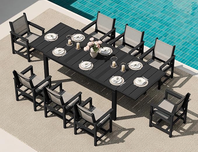 SERWALL 9-Piece Outdoor Dining Set, 60" - 83" Expandable Patio Dining Table with 6 Breathable Textilene Chairs, All Weather HDPE Patio Furniture Set for Backyard, Garden, Black