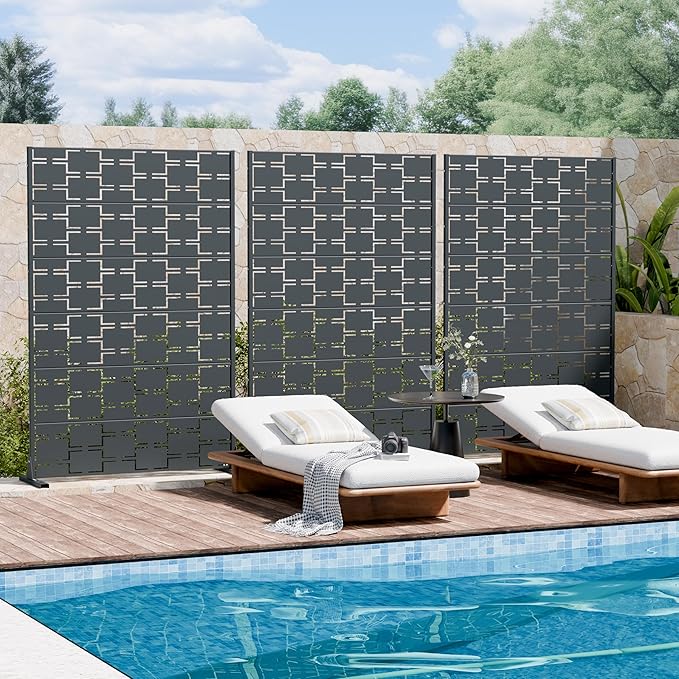 Casaphoria Metal Privacy Screen Outdoor, 72" H x 47" W Freestanding Decorative Privacy Screen for Patio Deck Balcony Garden with Stable Base, Darkgray-Square