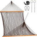 Lazy Daze Hammocks Double Rope Hammock, 2 Person Traditional Outdoor Hand Woven Cotton Rope Hammock with Spreader Bar, Carabiners, Tree Straps, Chains for Patio Yard - Max 450 Lbs, Dark Brown