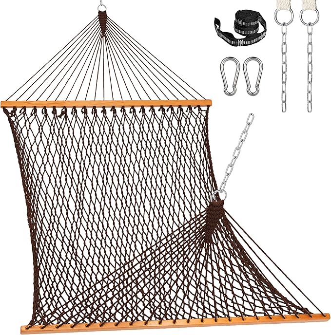 Lazy Daze Hammocks Double Rope Hammock, 2 Person Traditional Outdoor Hand Woven Cotton Rope Hammock with Spreader Bar, Carabiners, Tree Straps, Chains for Patio Yard - Max 450 Lbs, Dark Brown