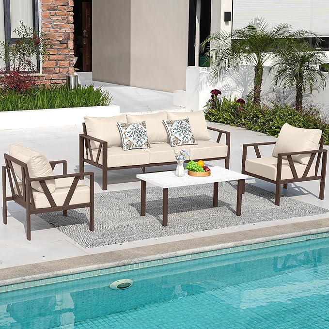 Outdoor Patio Furniture Set, 4 Pieces Metal Patio Furniture Set with Coffee Table, Modern Outdoor Patio Conversation Seating Set with 6” Thick Cushions, Upgrade Beige