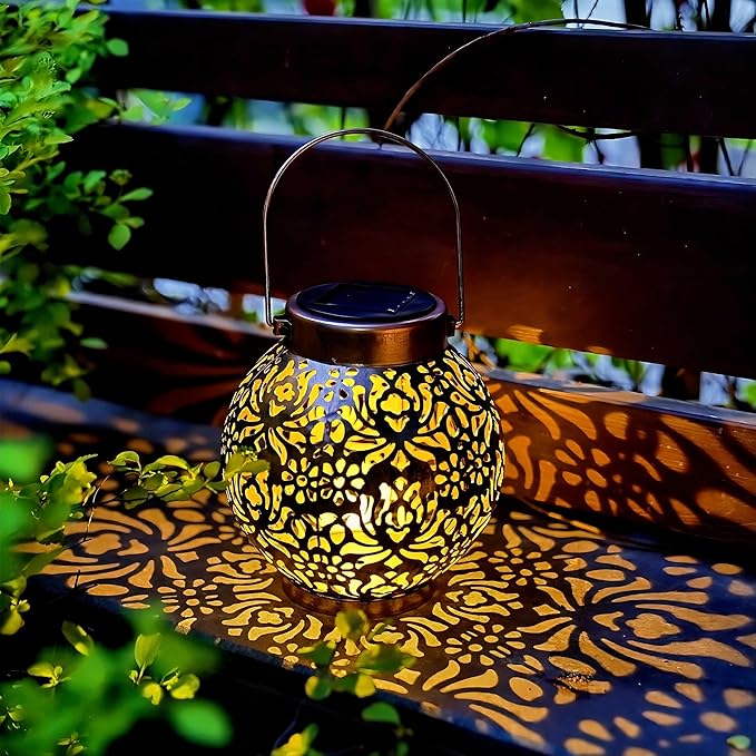 2 Pack Outdoor Solar Hanging Lantern Lights Metal LED Decorative Lamp for Garden Patio Courtyard Lawn and Table with Hollowed-Out Design (Bronze)