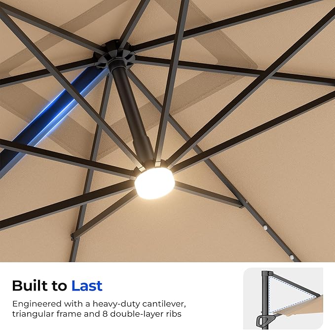 HOMSHADE 10 ft Square Cantilever Patio Umbrella with Base Included, Solar Lights Large Umbrella Outdoor Patio with 360°Rotation&Tilting, LED Lighted Offset Umbrellas w/Stand for Pool Deck