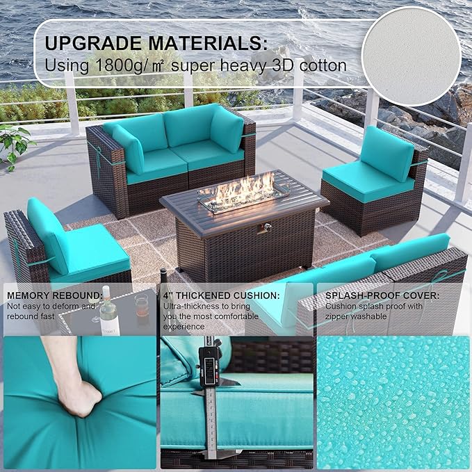 Kullavik 8 Pieces Outdoor Patio Furniture Set with 43" 55000BTU Gas Propane Fire Pit Table PE Wicker Rattan Sectional Sofa Patio Conversation Sets,Blue