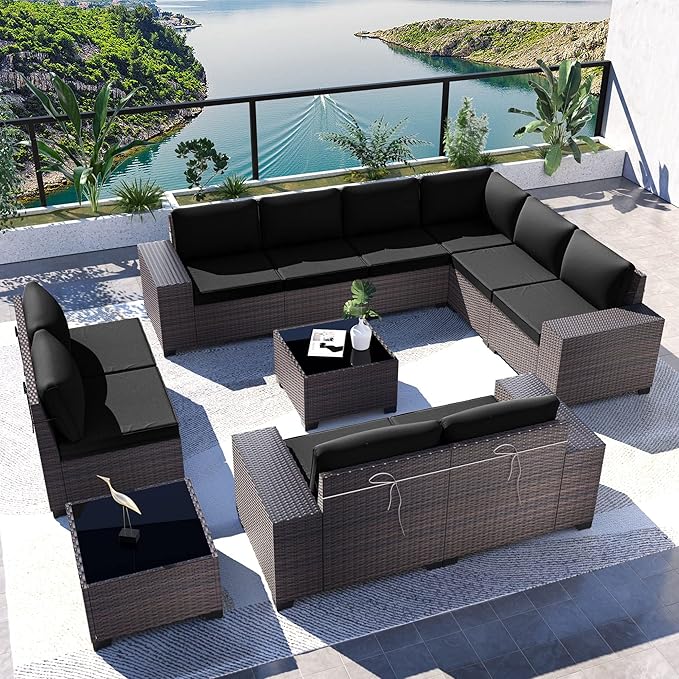 Kullavik 12 Pieces Outdoor Patio Furniture Set PE Wicker Rattan Sectional Sofa Patio Conversation Sets,Black