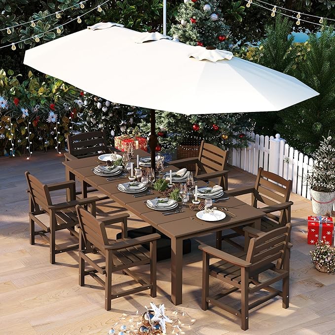 7-Piece Brown Outdoor Dining Set with White 15FT Large Patio Umbrella, 75.2'' HDPE Table & Chairs for 6, Weather-Resistant Furniture with Umbrella Hole for Patio, Lawn, Poolside