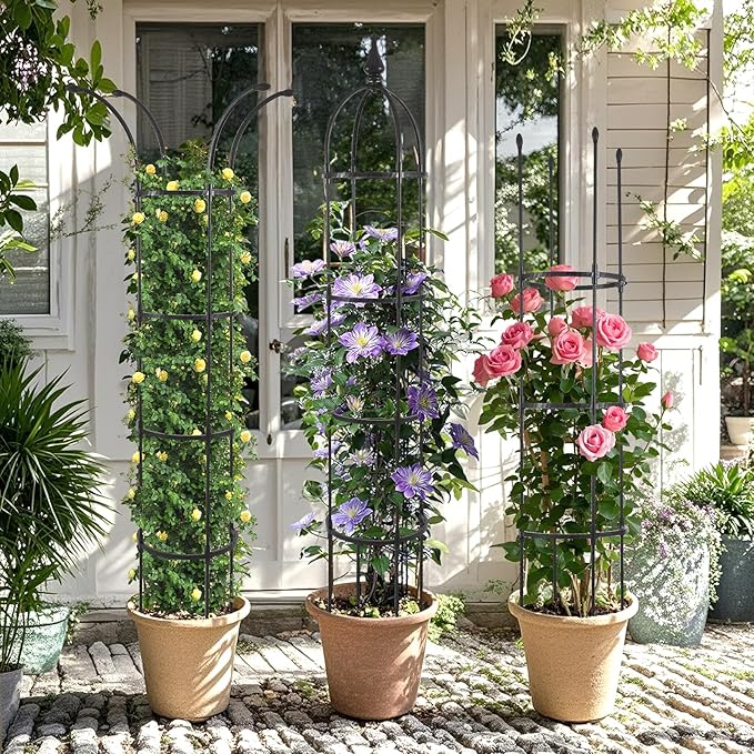 Garden Obelisk Trellis for Climbing Plants Outdoor, 6.6ft Tall Rustproof Coated Metal Plant Support with Garden Twist Tie for Tomato Cucumber Ivy Vines Rose Potted Plant Trellis 1 Pack