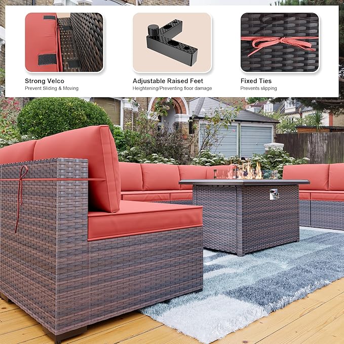 Kullavik 10 Pieces Outdoor Patio Furniture Set with 43" 55000BTU Gas Propane Fire Pit Table PE Wicker Rattan Sectional Sofa Patio Conversation Sets,Red
