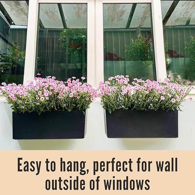 LaLaGreen Wall Planters for Outdoor (2 Pack, 14 Inch) Black Self Watering System Hanging Plant Box Flower Pot, Rectangular Wall Mount Indoor Vertical Living Garden Decoration Window Sill Herb Trendy