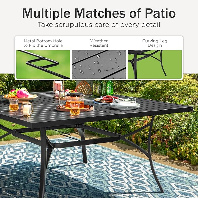 PHI VILLA Large Outdoor Square Dining Table for 8, 60" Metal Steel Slat Table with Umbrella Hole, Weather-Resistant Dining Fruniture for Patio, Deck, Backyard, Porch - Black