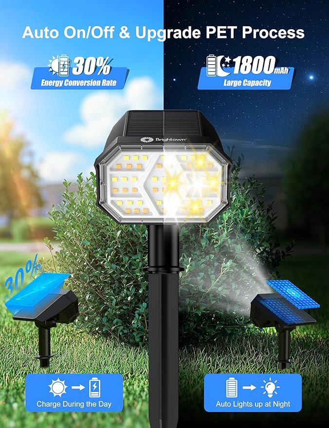 Brightown 4Pack Solar Spot Lights Outdoor [Cool & Warm Light 2-in-1], IP67 Solar Lights Outdoor Waterproof with 1800mAh, Two Mounting Methods Outdoor Solar Lights for Yard, Garden and Pathway