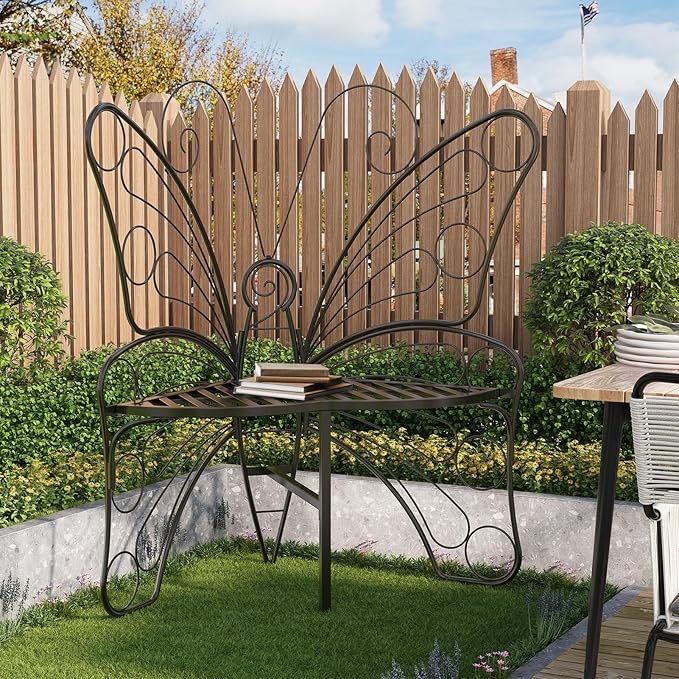 Butterfly Shaped Outdoor Bench, Black Garden Bench for Outdoor with Sturdy Stable Metal Frame, Butterfly Chair Butterfly Bench Outdoor for Garden, Yard, Balcony, Lawn (Black)
