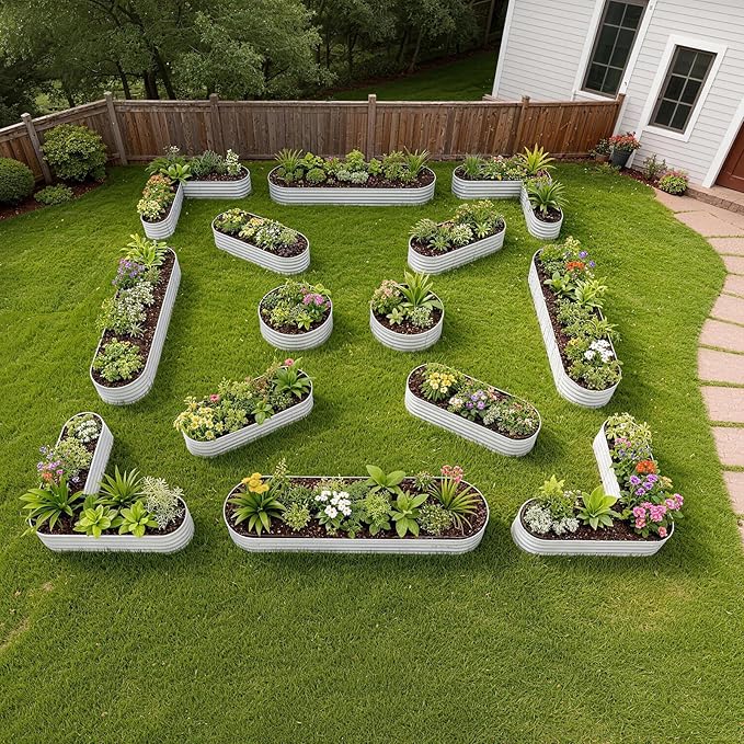 A ANLEOLIFE Set of 14, 18 Inch Tall Raised Garden Beds Kit, Heart-Shaped, Long Oval & Round Metal Planters – Ideal for Creative Garden Layouts, Antique White