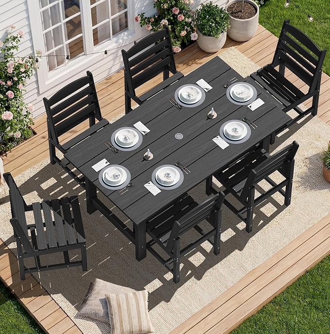 SERWALL Patio Dining Sets for 6 Person, HDPE Dining Set with 6 Armless Chairs, Black