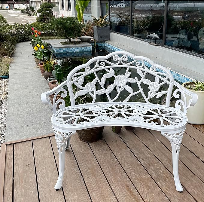 Mandolin Outdoor Benc Park Garden Chair,All Chair Anti Rust Cast Aluminum Patio Yard Bench,Carved Rose Loveseat Bench for Backyard .Porch.Balcony.Lawn (White)