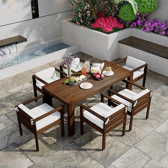 Merax 7-Piece Patio Dining Table Set,Outdoor Furniture Set with 72.8" Rectangle Table & 6 Chairs,Adjustable Leveling Feet,Umbrella Hole for Backyard,Garden,Poolside,Brown+ Beige