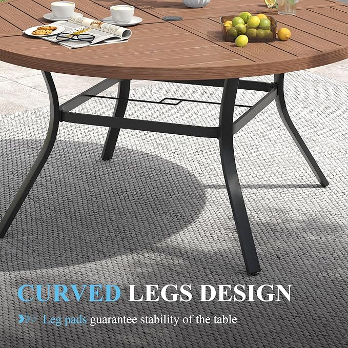 VICLLAX Patio Table and Chair Set of 6, All Weather Metal Round Outdoor Dining Furniture Set-50 Round Outdoor Table and Chairs, Walnut Wood Grain Tabletop