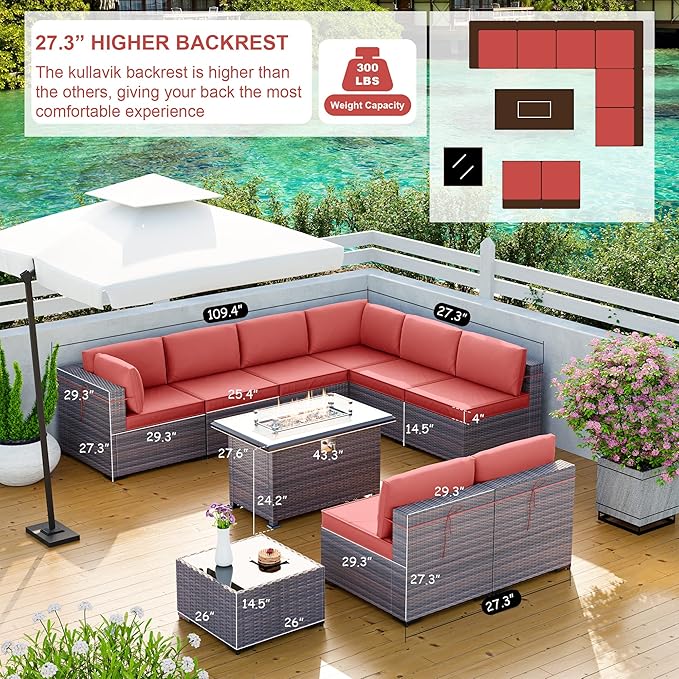Kullavik 10 Pieces Outdoor Patio Furniture Set with 43" 55000BTU Gas Propane Fire Pit Table PE Wicker Rattan Sectional Sofa Patio Conversation Sets,Red