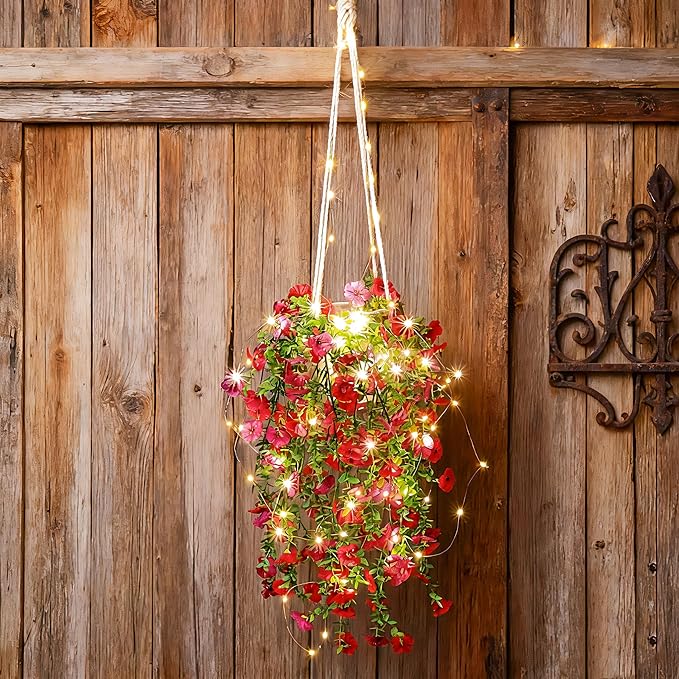 Comtelek Artificial Flowers for Outdoors Fake Hanging Plants with Lights, 4pcs Silk Flowers UV Resistant Realistic Hanging Planter Faux Flower for Outside Porch Patio Home Garden Yard Decor