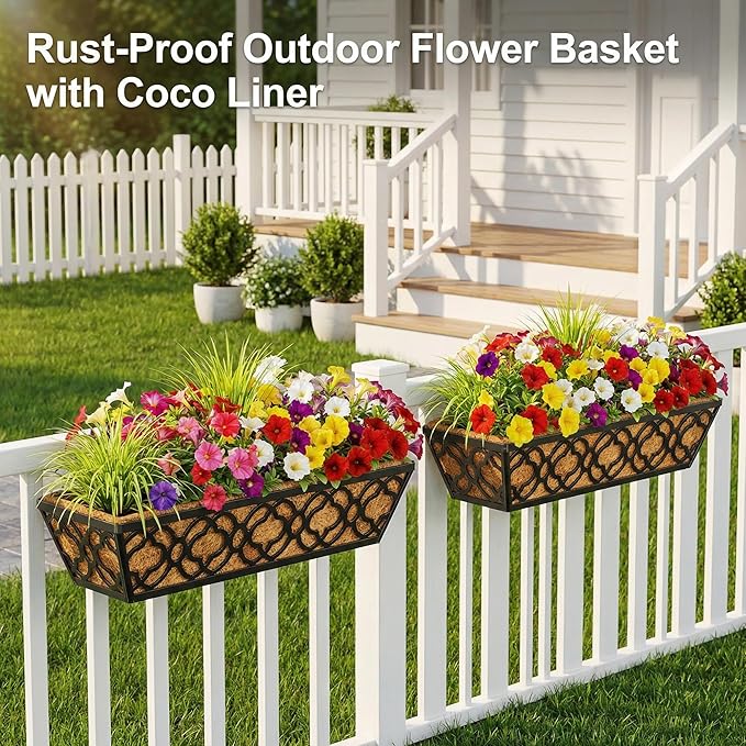 HFHOME 2 Pcs 30" Window Box Deck Railing Planter with Horse Trough Coco Liners, Black Metal Hanging Flower Planters Baskets for Indoor, Outdoor, Balcony, Porch, Fence, Patio, and Lawn