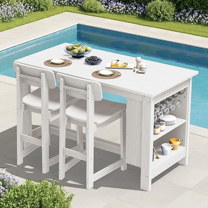 SERWALL 3-Piece Outdoor Counter Height Bar Set, HDPE Patio Bar Table with Wine Rack & Storage Shelf, 2 All-Weather Bar Stools, Patio Bar Dining Furniture Set for 3, White