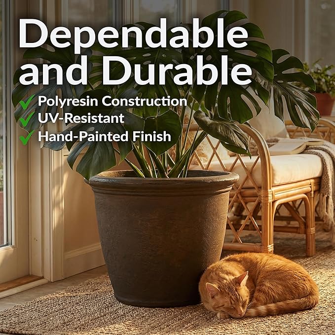 Sunnydaze 20-Inch Anjelica Large Plastic Pot for Plants - Outdoor Double-Walled Large Plastic Planter with Drillable Drainage Holes - Rust - 2pk