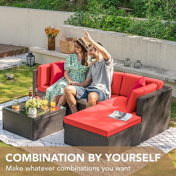 Devoko 5 Pieces Patio Furniture Sets All Weathevr Outdoor Sectional Patio Sofa Manual Weaving Wicker Rattan Patio Seating Sofas with Cushion and Glass Table (Red)