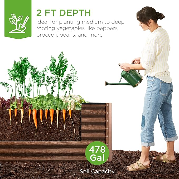 Best Choice Products 8x4x2ft Outdoor Metal Raised Garden Bed, Deep Root Planter Box for Vegetables, Herbs & Flowers, 478-Gallon Capacity, 100% Non Toxic Materials - Dark Brown Wood Grain