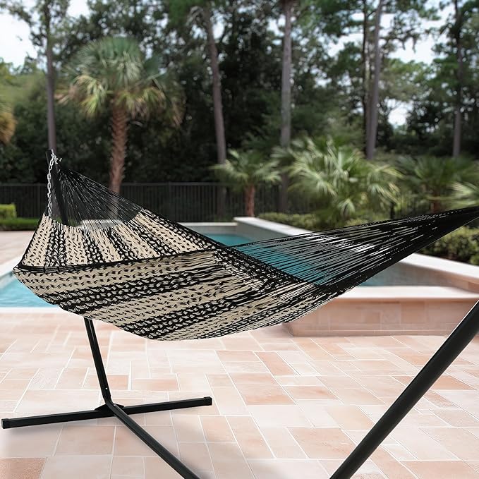 Sunnydaze Handwoven XXL Thick Cord Mayan Double Hammock for Outside - 625-Pound Capacity Heavy-Duty Outdoor Hammock - Black/Natural