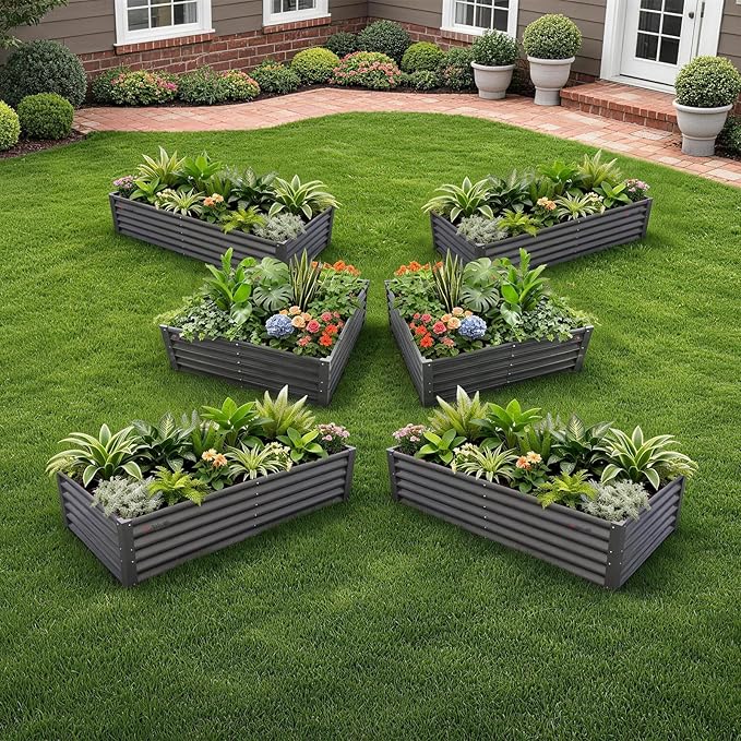 A ANLEOLIFE Set of 6, 18 Inch Tall Quartz Grey Raised Garden Beds Kit, Rectangular & Square Metal Planters for Structured Garden Layouts