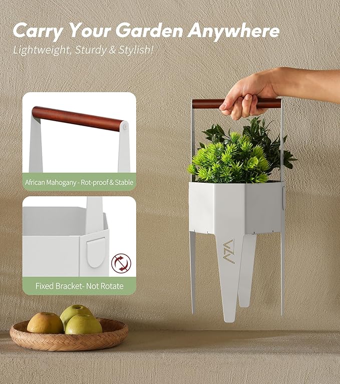 Planter with Stand, Metal 2 in 1 Portable Planter with Grow Bags & Handle, Stable Stylish Indoor Plant Pots with Stand, Modern Flower Pots Outdoor, 7.5'' x 17.3'', White, Plant Not Included