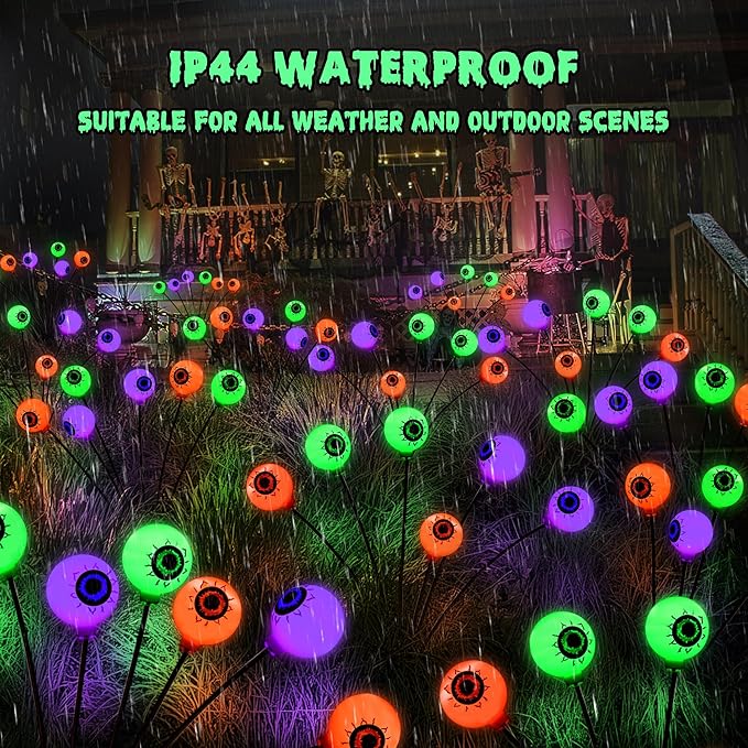 BrizLabs 6 Pack 36 LED Halloween Solar Eyeball Lights, 2 Modes Outdoor Halloween Pathway Lights, Solar Spooky Path Light Waterproof, Swaying Firefly Light for Yard Garden Lawn, Orange & Purple & Green
