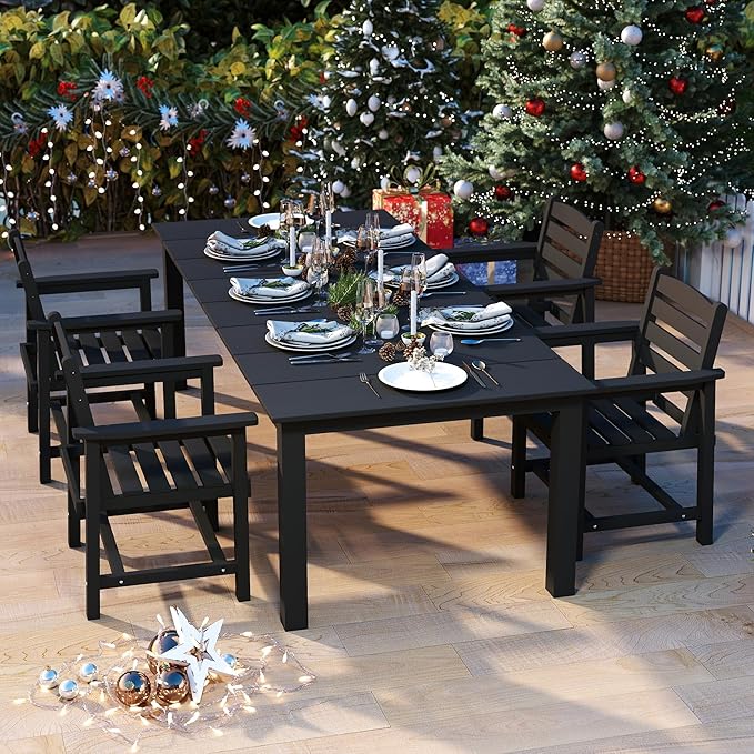 5-Piece Black Outdoor Dining Set with White 15FT Large Patio Umbrella, 75.2'' HDPE Table & Chairs for 8, Weather-Resistant Furniture with Umbrella Hole for Patio, Lawn, Poolside