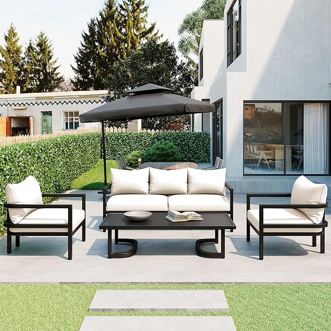 Merax 4 Piece Sectional Furniture Patio Sofa Multi-Person Outdoor Steel Sofa Set, Waterproof, Anti-Rust and Anti-uv, Suitable for Gardens and Lawns，Beige