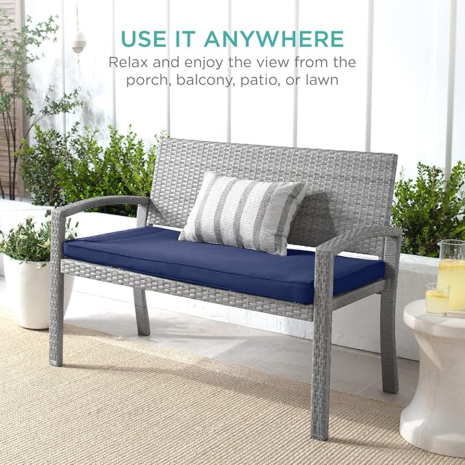 Best Choice Products Outdoor Bench 2-Person Wicker Garden Patio Benches Seating Furniture for Backyard, Porch w/Seat Cushion, 700lb Capacity - Gray/Navy