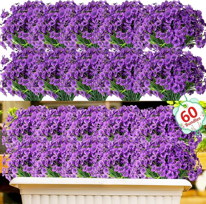 60 Pack Artificial Flowers for Outdoor Indoor Fake Plants, Faux Silk Flowers for Outdoors Outside Front Porch Hanging Planter Window Box Garden Spring Decoration(Purple)
