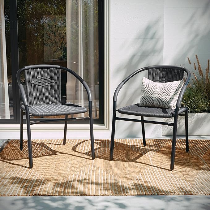 Flash Furniture Lila 2 Pack Gray Rattan Indoor-Outdoor Restaurant Stack Chair
