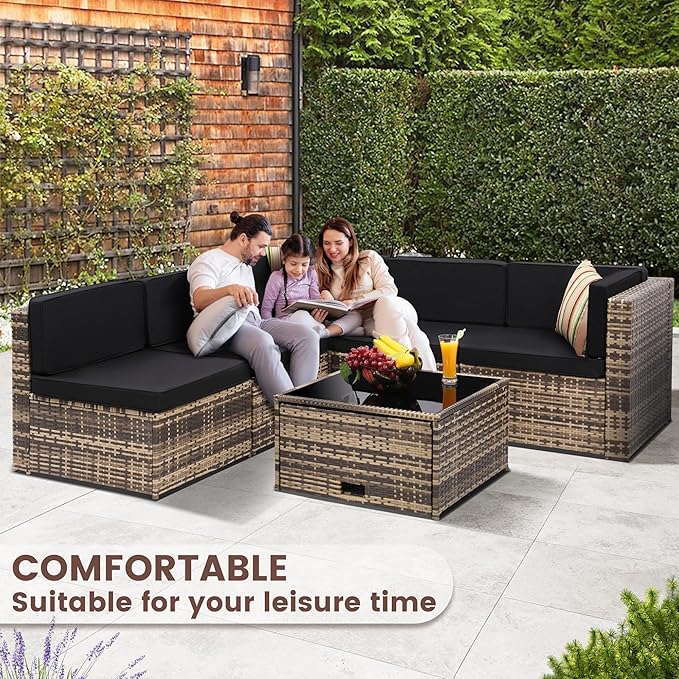 8-Piece Patio Furniture Set, Outdoor Wicker Rattan Sectional with Thick Cushions, Glass Top Table with Hidden Storage, Outdoor Conversation Set for Backyard, Porch, Patio, Black