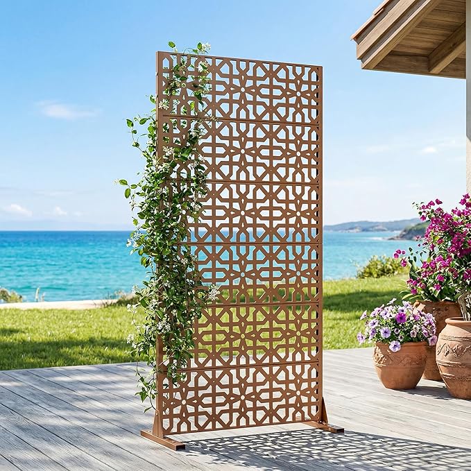 Casaphoria Metal Privacy Screen Outdoor, 72" H x 35" W Freestanding Decorative Privacy Screen for Patio Deck Balcony Garden with Stable Base, Brown-Perilla