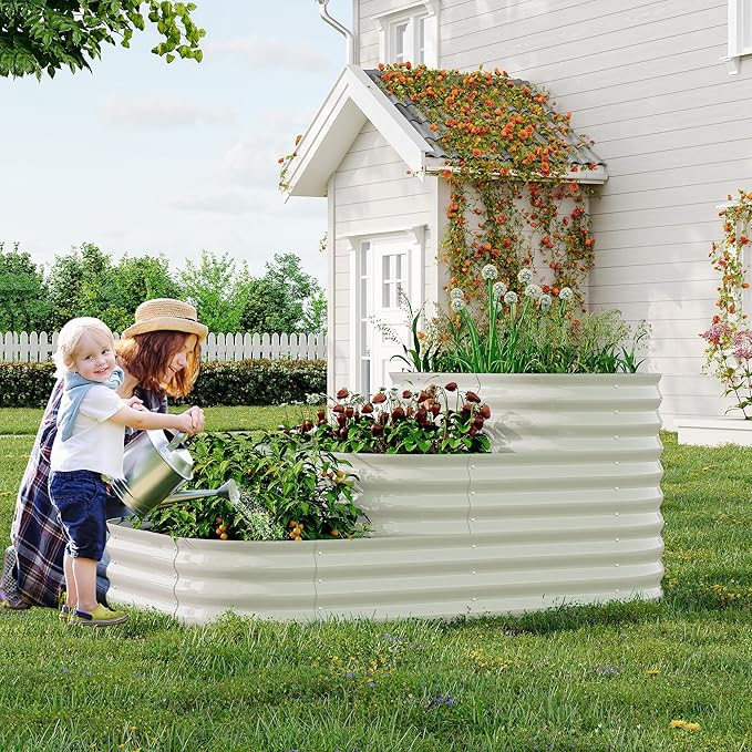 Galvanized Raised Garden Bed Kit - 61x42x31 in Outdoor Planter Box for Vegetables, Herbs, Flowers. Modular 3-in-1 Raised Garden Beds Outdoor with Open Base, Garden Box for Deep Root Growth, White